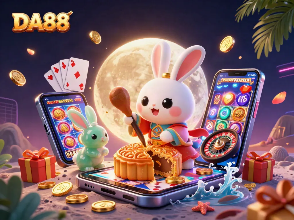 Engage with DA88's vibrant casino scene featuring lunar poker chips and festive slots.