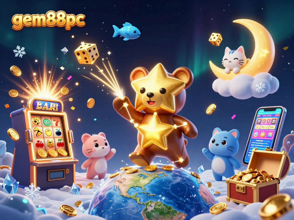 Experience the magic of gem88pc featuring a constellation bear and casino elements in a colorful scene.