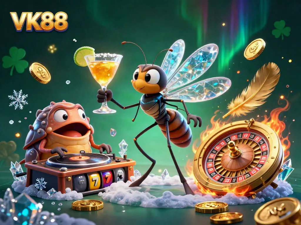 VK88 casino mascot in vibrant slots atmosphere showcasing slot reels and golden coins dynamically