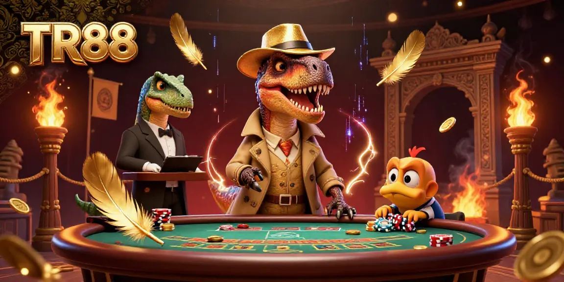 Experience the vibrant TR88 casino scene with animated dinosaurs at a blackjack table.