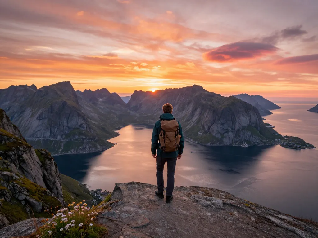 Skandinavien Reisetipps: Reisender an der Klippe der Lofoteninseln bei Sonnenuntergang, der Abenteuer zeigt.