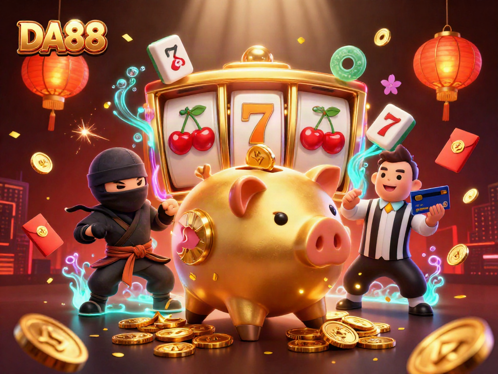 Experience thrilling gameplay at DA88 with a vibrant 3D casino illustration showcasing excitement and winning chances.