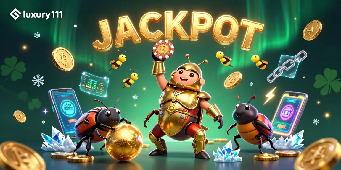 Experience luxury111 with a victorious beetle lifting a poker chip amidst glowing crypto elements and jackpot fireflies.