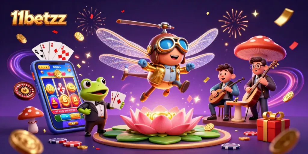 Experience the thrill of 11betzz with a vibrant 3D casino scene featuring a dragonfly pilot.