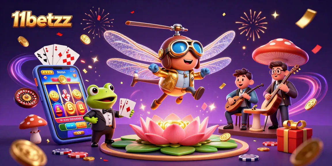 Experience the thrill of 11betzz with a vibrant 3D casino scene featuring a dragonfly pilot.