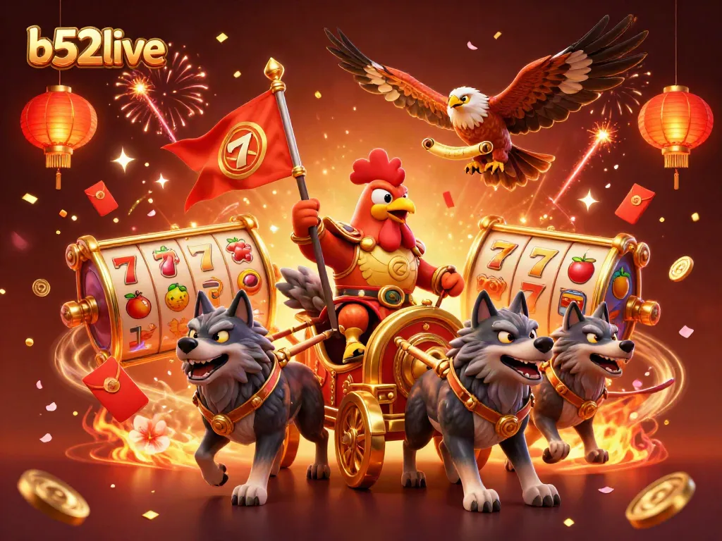 Experience dynamic gaming action at b52live with a vibrant casino-themed illustration.