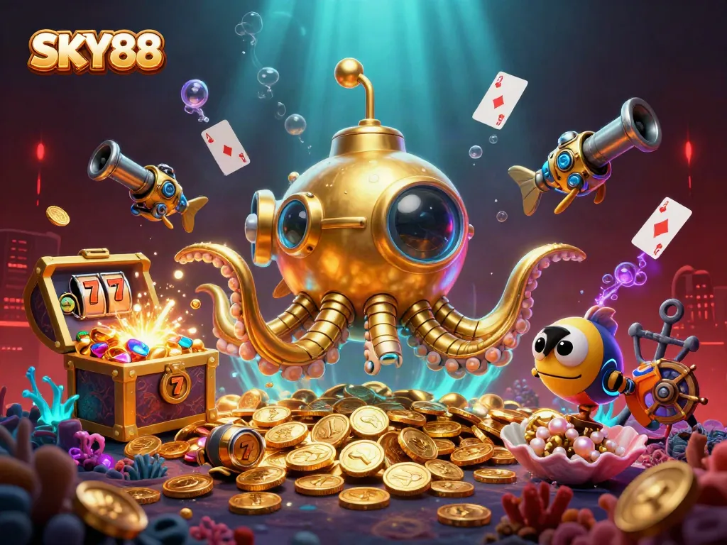 Engage with SKY88's thrilling online gaming experience amidst a vibrant atmosphere of slots and gold.