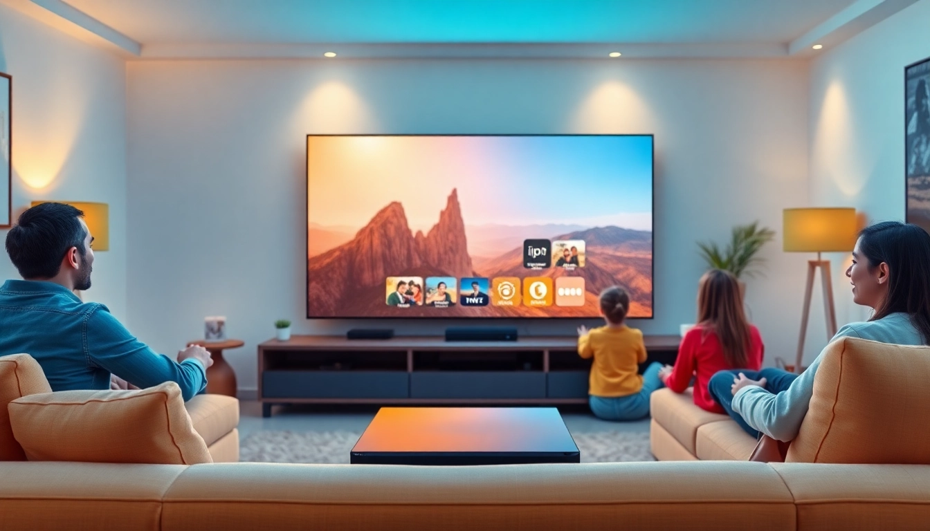 Watch family members enjoying IPTV kaufen on a large screen with a sleek IPTV box in a cozy living room.