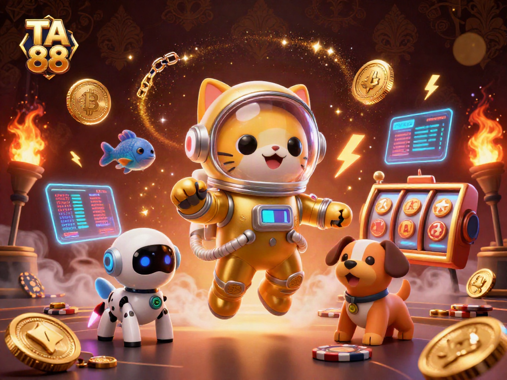 Engage with TA 88's vibrant casino experience, featuring an astronaut cat and alien elements.