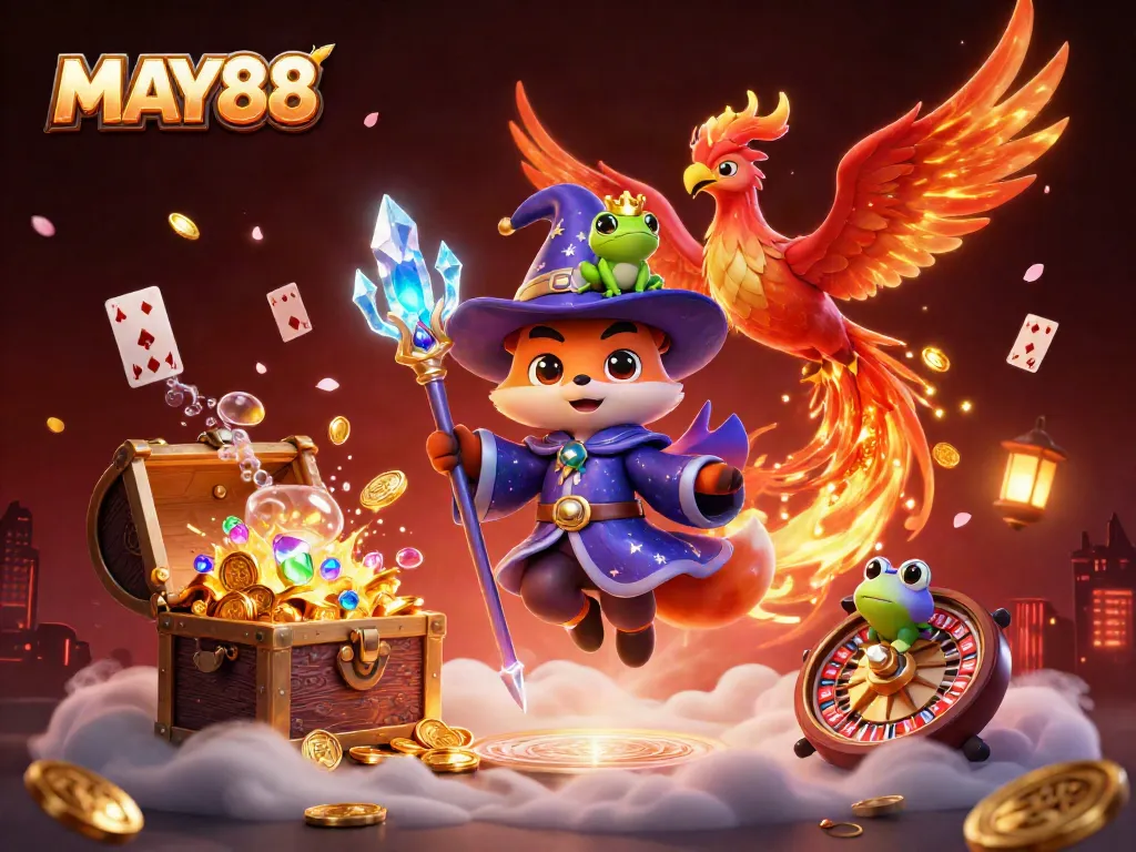 MAY88 offers thrilling casino experiences with a mystical wizard fox and a phoenix in a vibrant game scene.