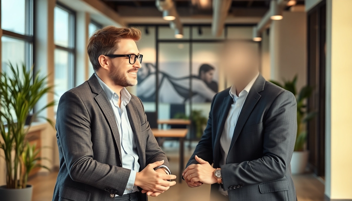 Headhunter führt ein vertrauliches Gespräch mit einem Kandidaten in einem modernen Büro.