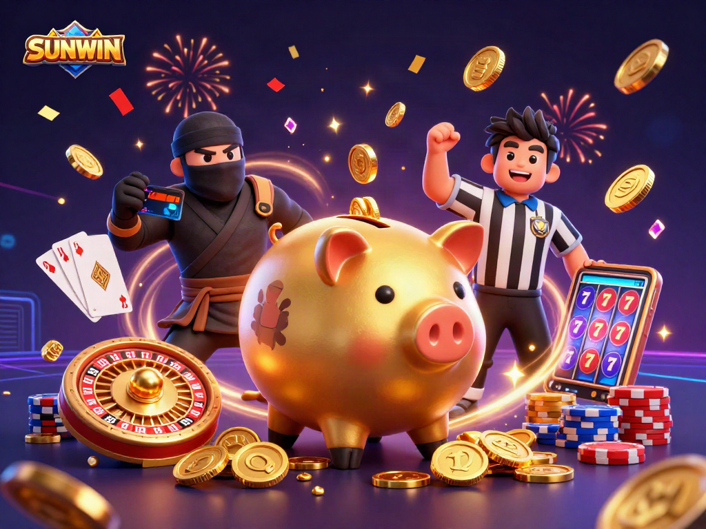 SUNWIN features a lively scene with a golden piggy bank sumo wrestler and vibrant casino elements showcasing exciting gaming.
