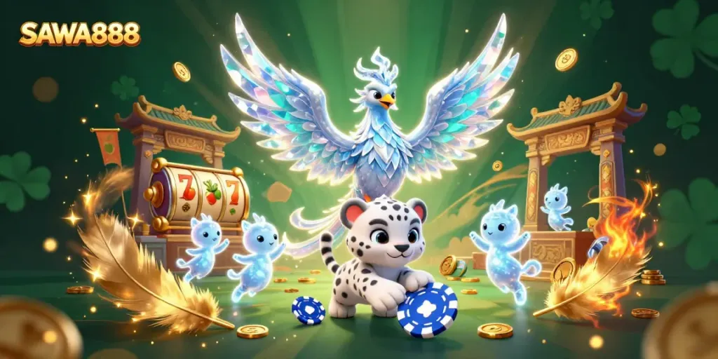 Spin to win on SAWA888 with the colorful ice phoenix and playful snow leopard amid vibrant casino elements.