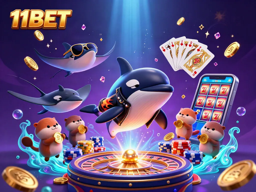 Join the excitement of 11BET with a dynamic underwater scene featuring a jumping orca and golden treasures.
