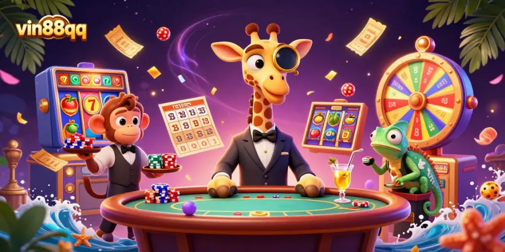 Experience the excitement of vin88qq with a vibrant casino scene filled with gaming elements and characters.