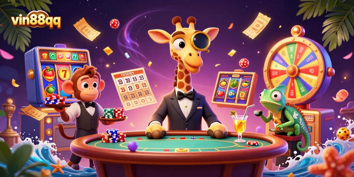 Experience the excitement of vin88qq with a vibrant casino scene filled with gaming elements and characters.