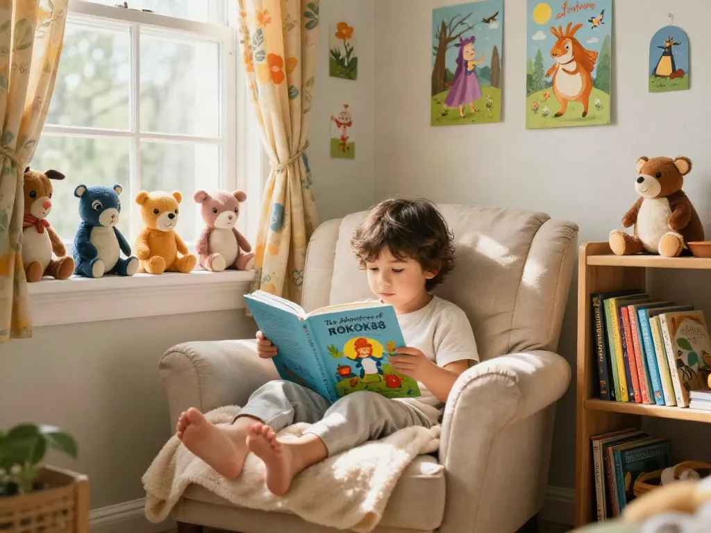 Child reading an illustrated storybook from ROKOK88 super in a cozy nook.