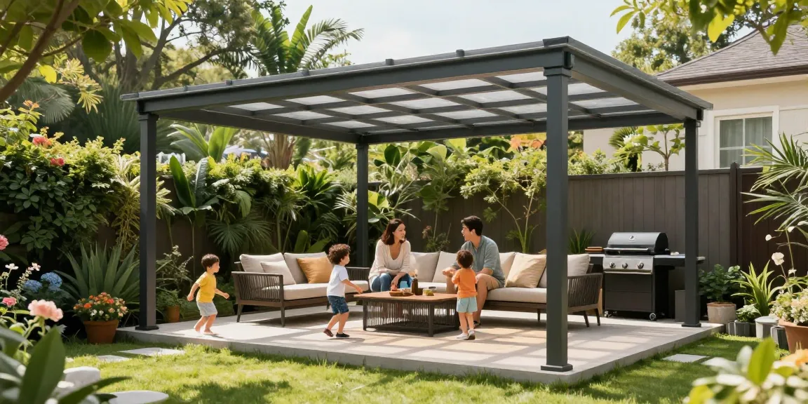 Moderne freistehende Terrassenüberdachung im Garten mit Familie.