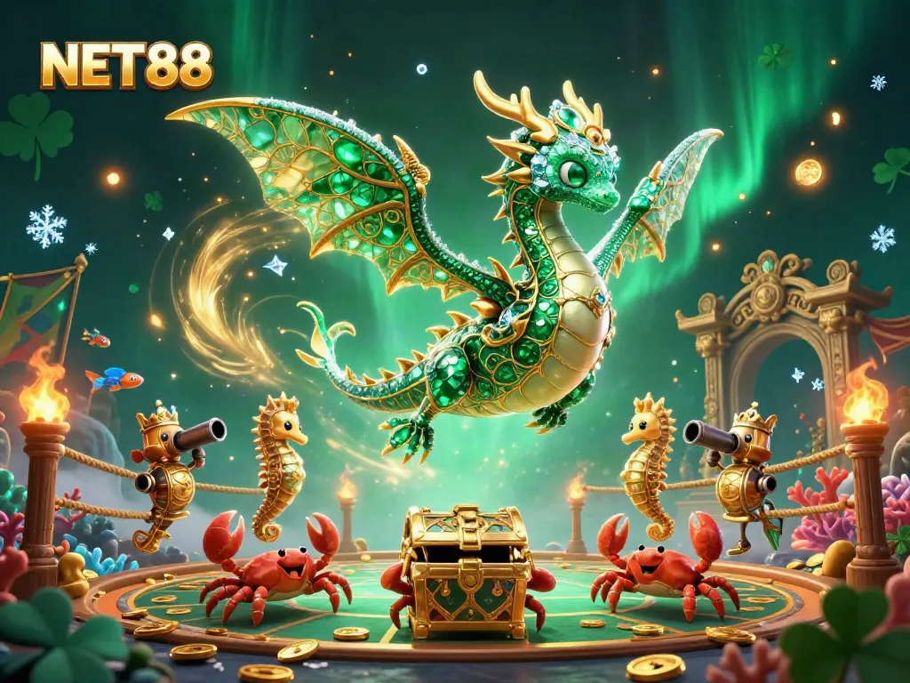Experience NET88's oceanic adventure with a sea dragon and treasure in a vibrant casino scene.