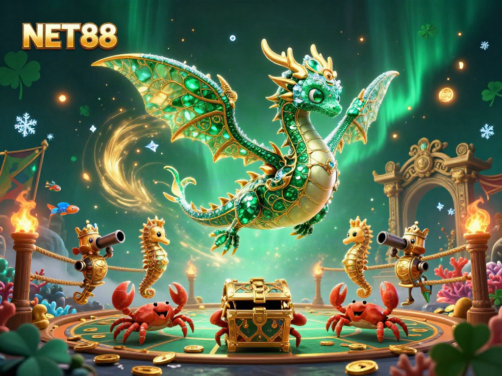 Experience NET88's oceanic adventure with a sea dragon and treasure in a vibrant casino scene.