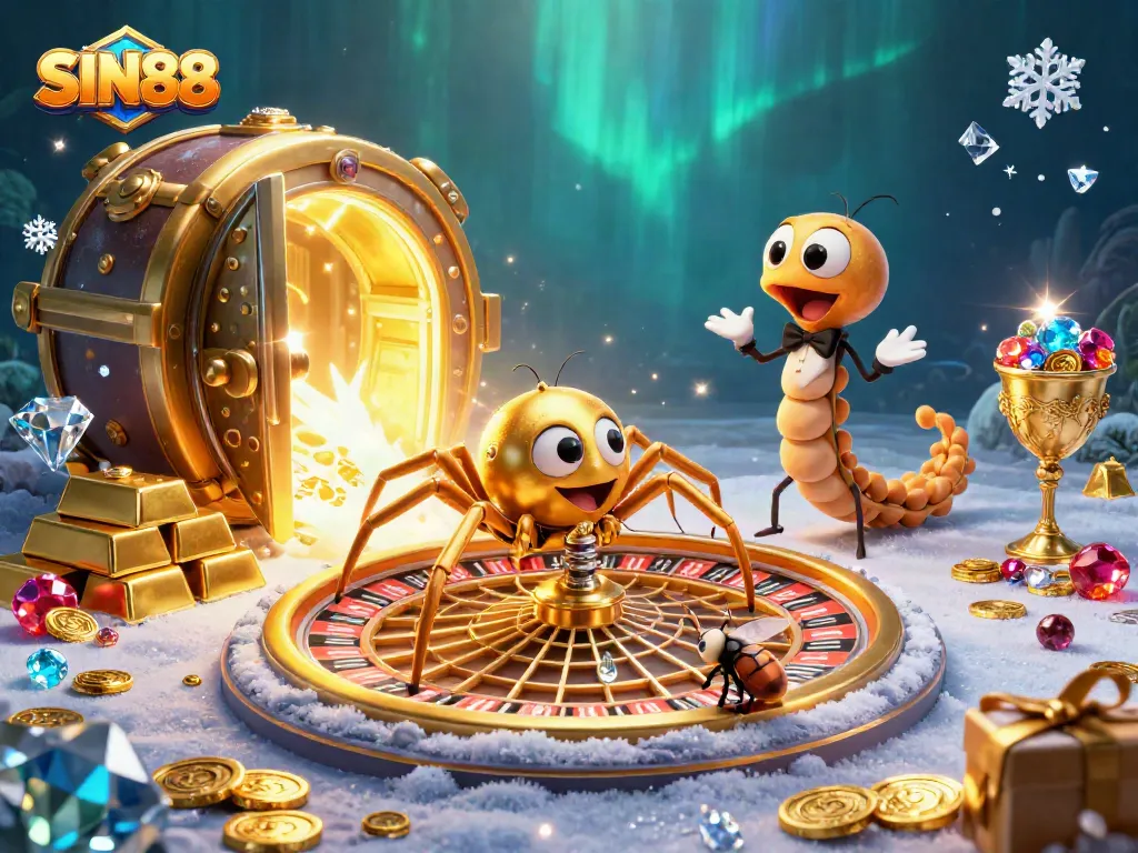 Experience thrilling betting at SIN88 with a captivating illustration of a golden roulette wheel and vibrant casino elements.