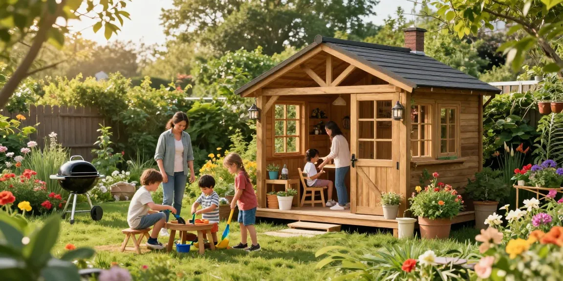 Ein Gartenhaus aus Holz in einem blühenden Garten mit Familie, die draußen entspannt.