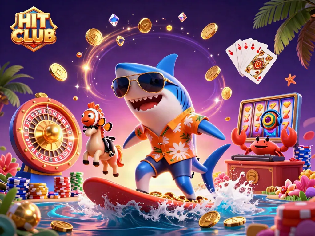 Engage with the HIT CLUB vibrant casino scene featuring a surfing shark and glamorous game elements.
