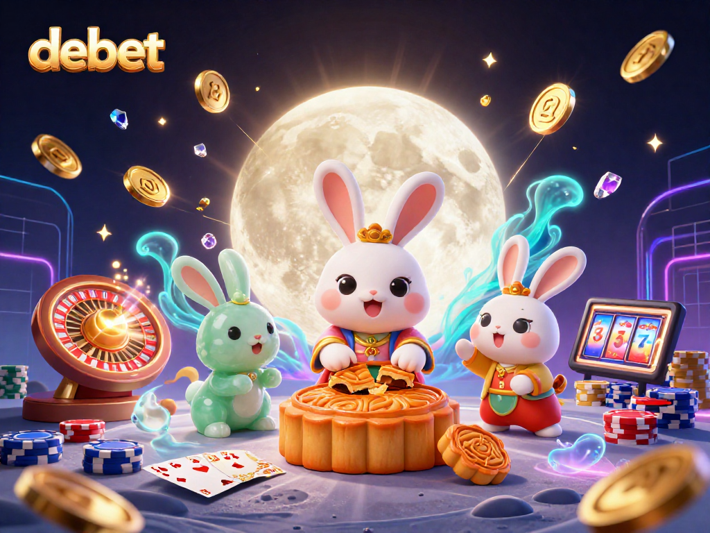 Engage with debet's vibrant casino experience as a moon rabbit brings luck with poker chips.