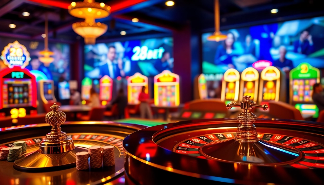 Engage in exciting gaming experiences at link 28bet with vibrant slot machines and poker chips.