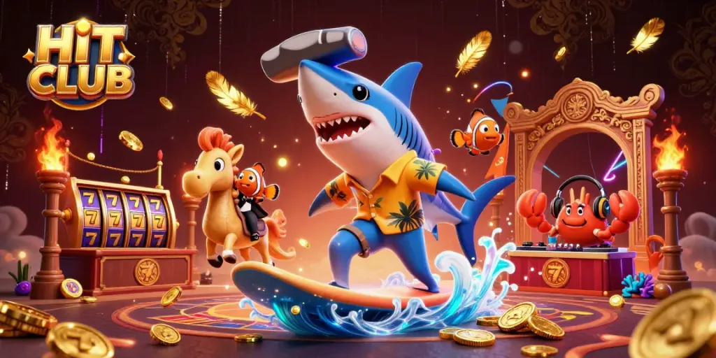 Engage with HIT CLUB casino excitement through a vibrant 3D scene featuring a shark, clownfish, and crab amidst gold coins.