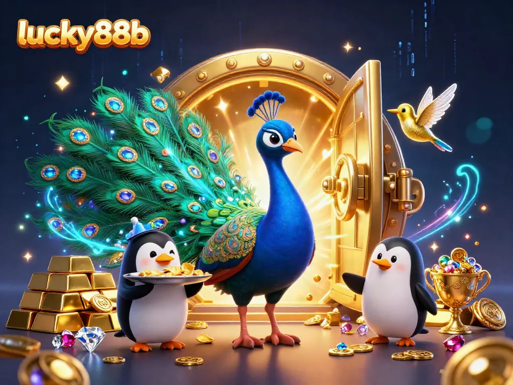 Experience thrilling moments at lucky88b with a vibrant peacock, penguin butler, and hummingbird in a rich casino setting.