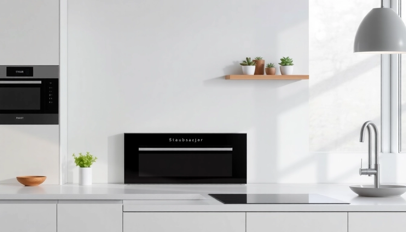 Showcase a modern staubsauger next to a sparkling clean kitchen, highlighting its elegant design and powerful performance.