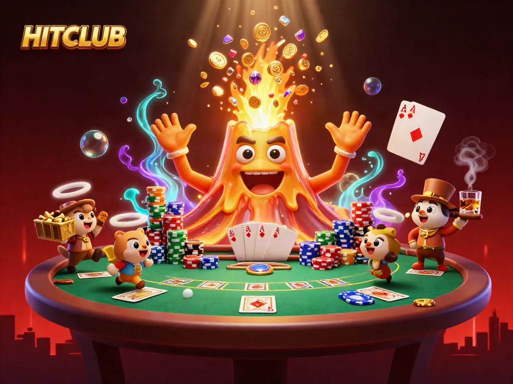 Witness the excitement of HITCLUB with vibrant 3D illustration showcasing gambling action, erupting volcano, and treasure.