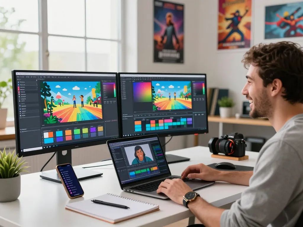 Creator immersed in motion control ai design at vibrant workspace with dual monitors and animation projects.