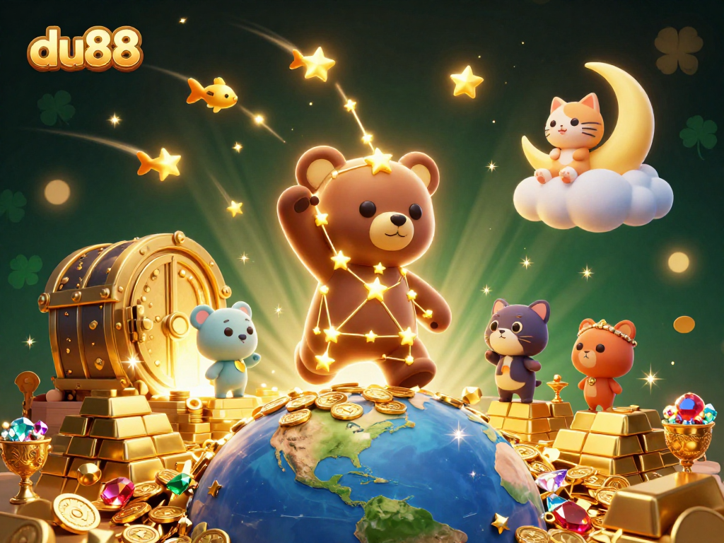 Experience the magic of du88 with stellar characters and casino gold in this vibrant 3D illustration.