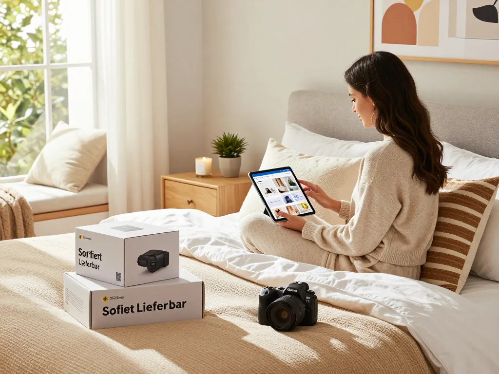 Sofort Lieferbar Produkte in einer gemütlichen Schlafzimmer-Szene mit einer Frau, die online einkauft