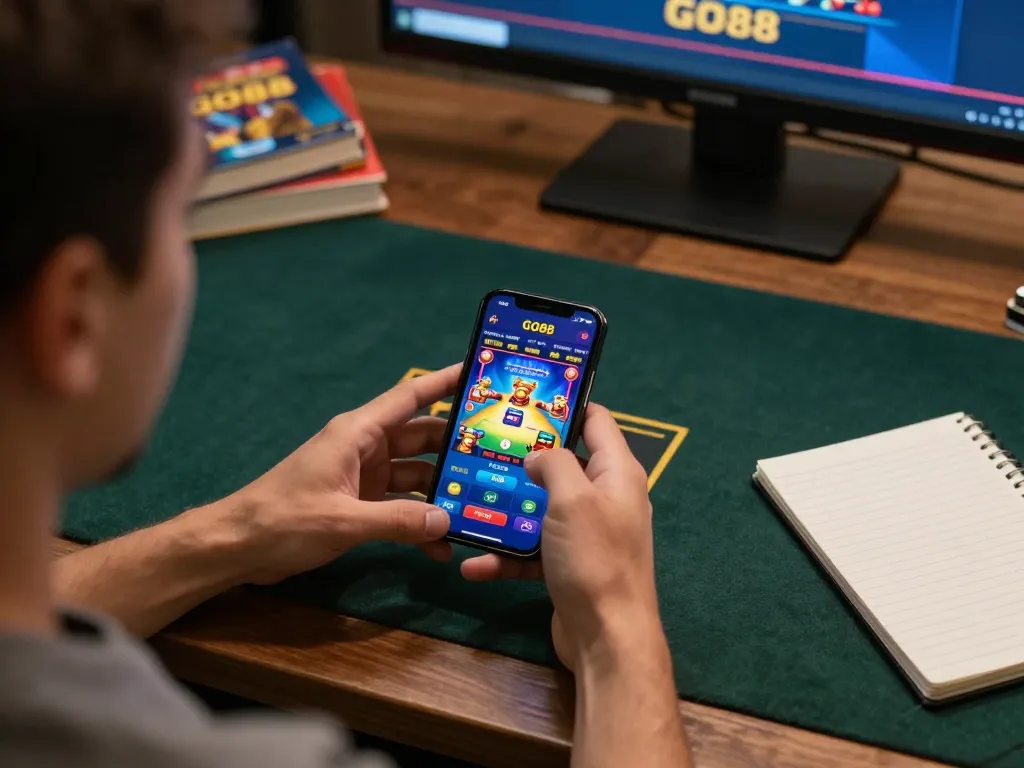 Player using the GO88 app on smartphone for an engaging online gambling experience