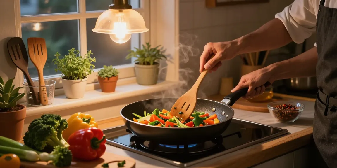 PTFE freie Pfanne mit frischem Gemüse auf der Arbeitsplatte in einladender, gemütlicher Küche.