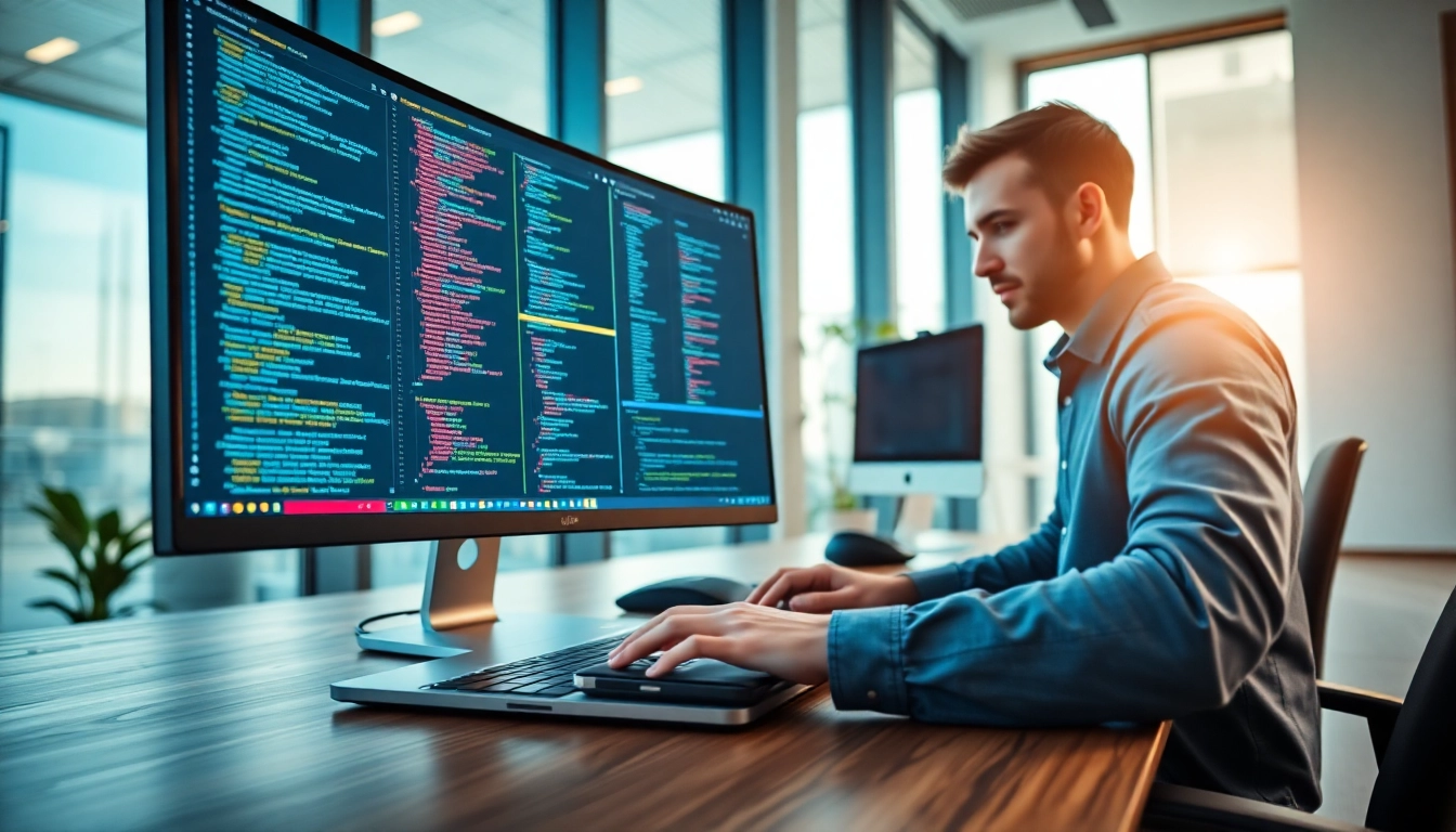 Professionelle Shopware Plugin Entwicklung in einem modernen Büro mit lebendigen Farben.