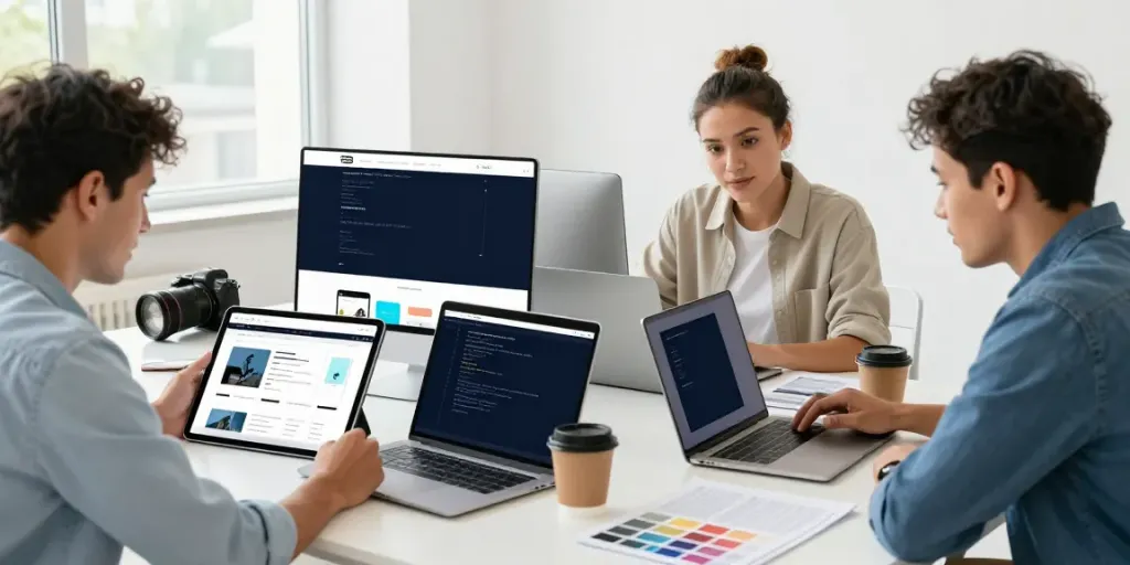 Webdesign Saarland: Kreatives Team im modernen Studio bei der Website-Gestaltung.