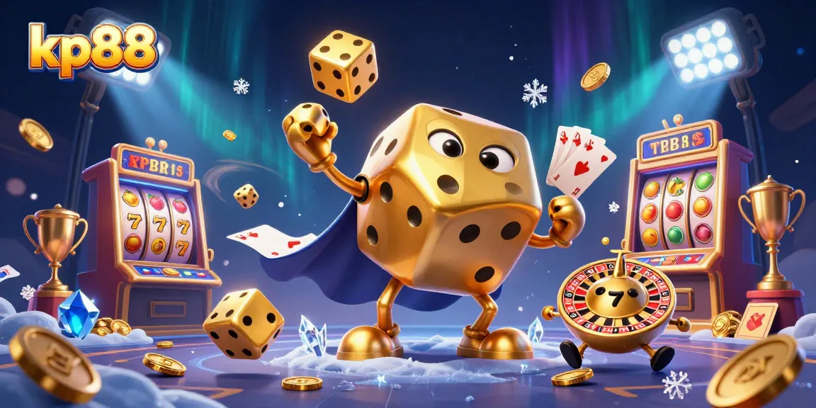Experience the excitement of kp88 with this vibrant casino scene featuring golden dice and slot games.