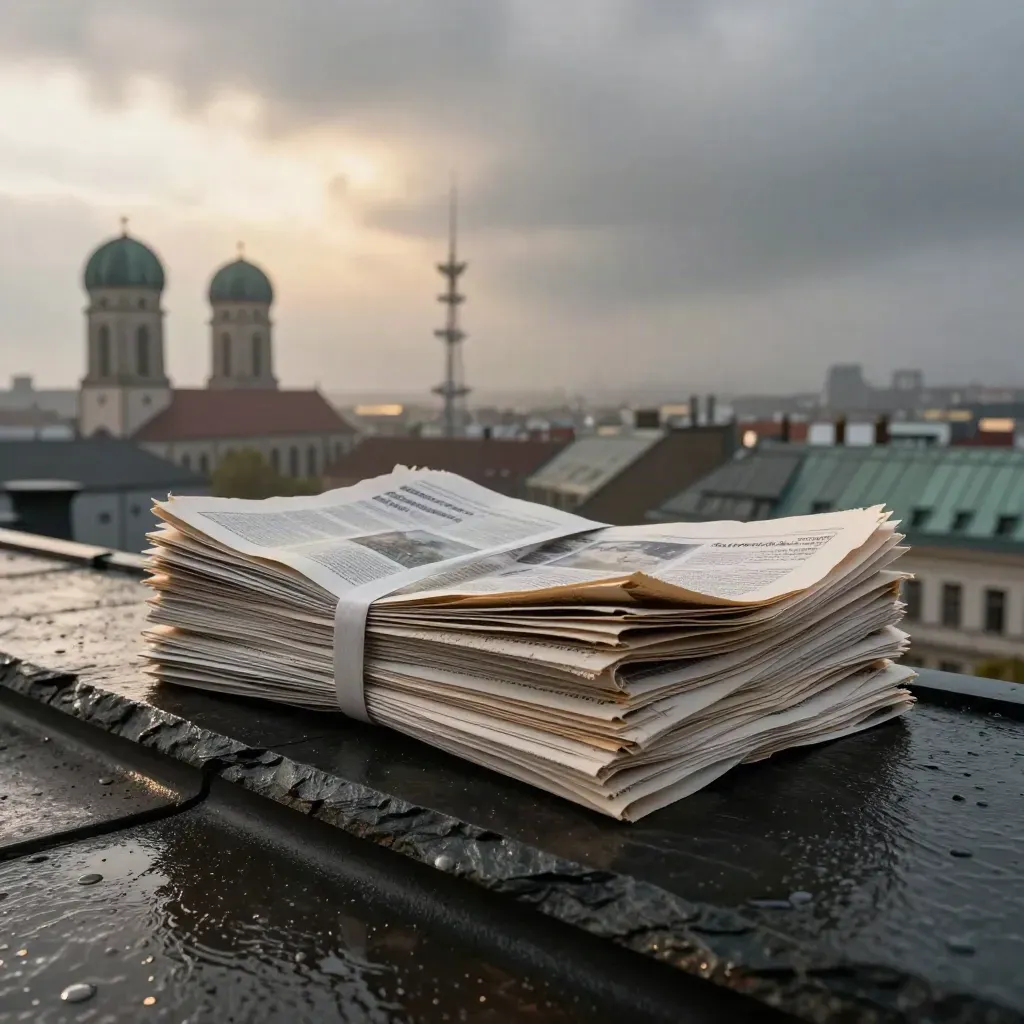 Dachszene mit Zeitungsstapel, Münchner Türmen und warmem Morgenlicht im Regennebel.