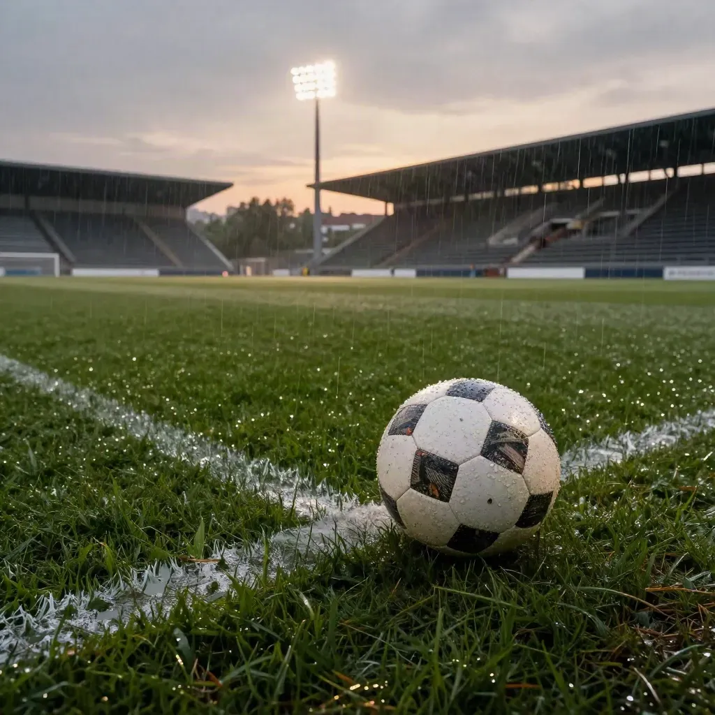 Nasser Fußballplatz mit Ball an der Seitenlinie und grellen Flutlichtmasten im Regen