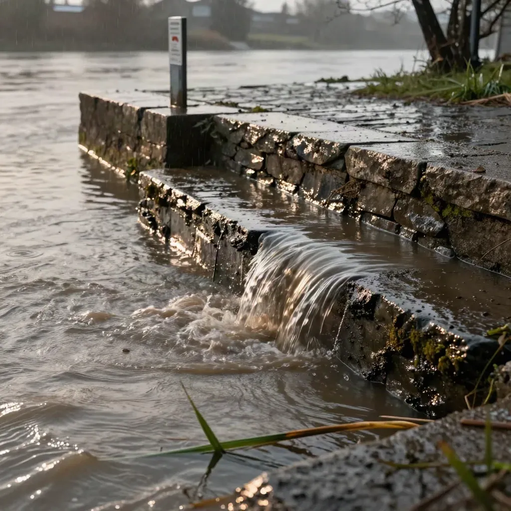 Isarufer mit übertretendem Hochwasser an Steinstufen und Pegelpfahl im Regen.