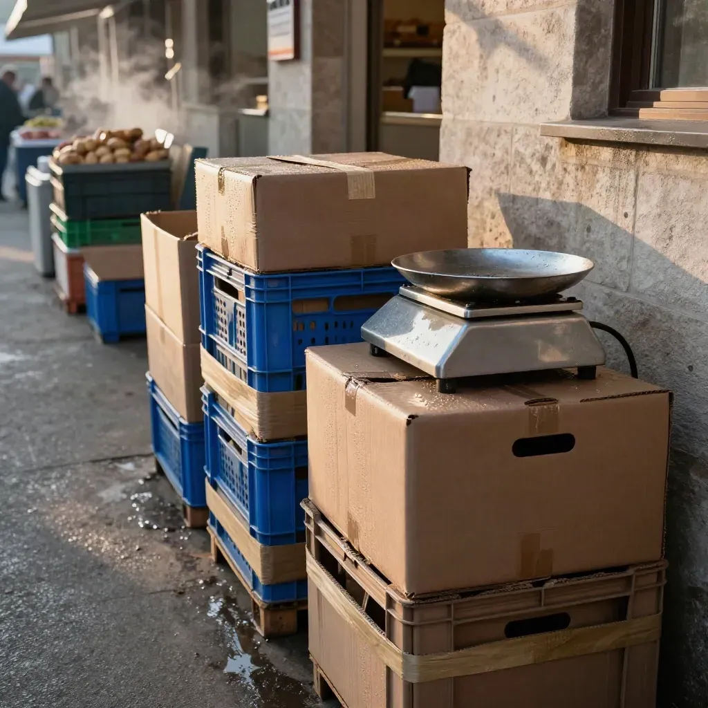 Markthalle mit Obstkisten, Waage und Lieferkartons im kühlen Morgenlicht.