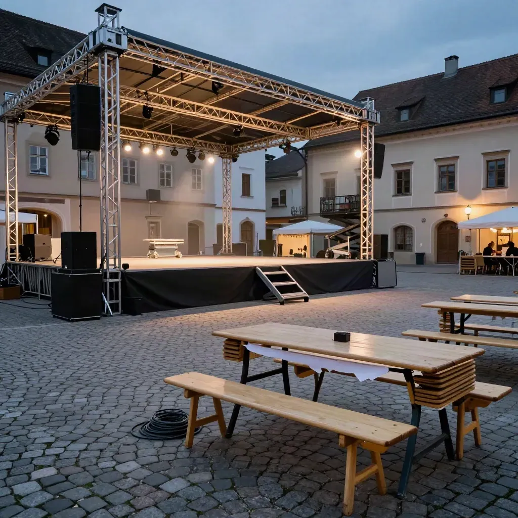Leerer Festplatz mit Bühnen-Traverse, Bänken und weißer Wimpelkette in der blauen Stunde.