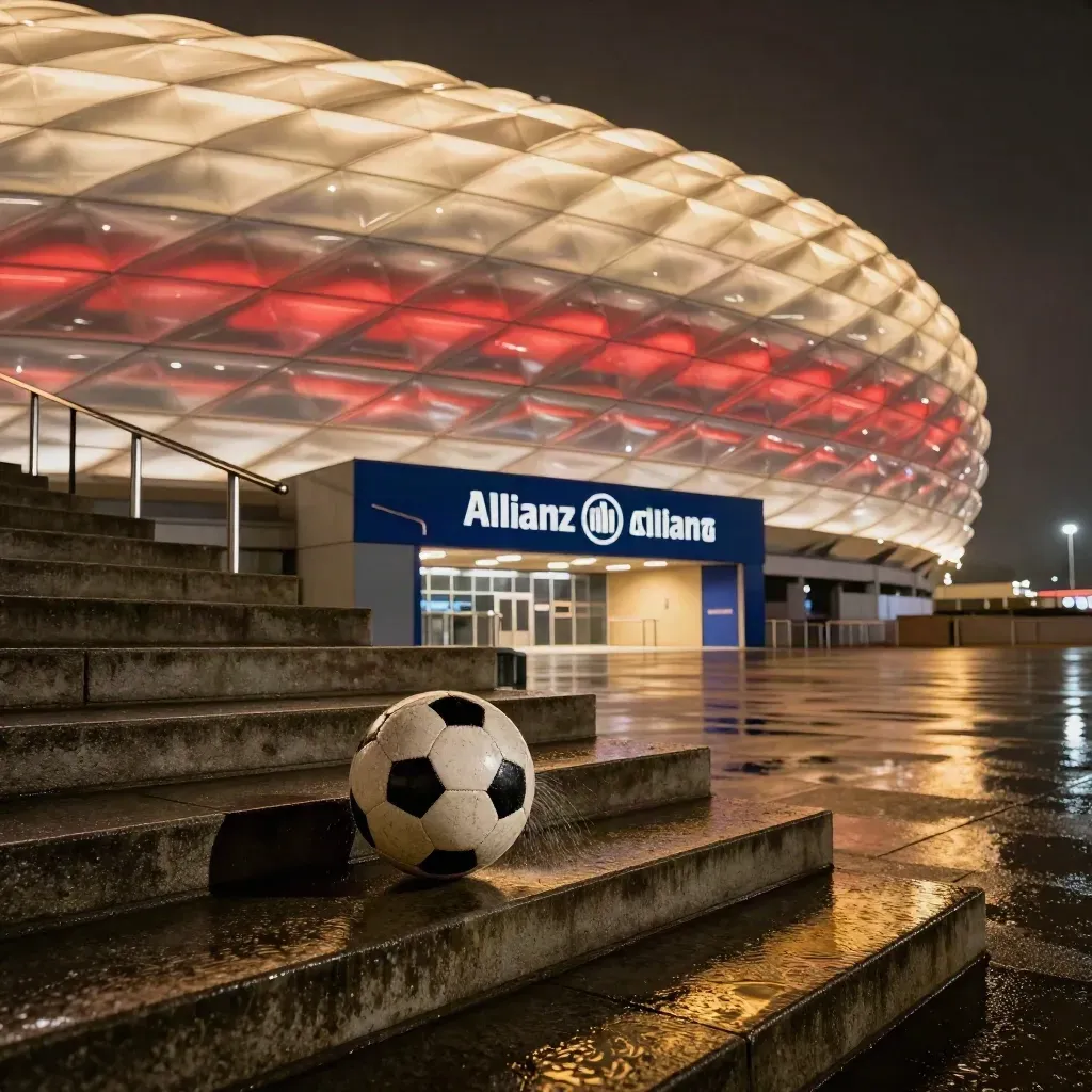 Allianz Arena bei Nacht, nasse Stufen und ein Fußball vor dem Eingang