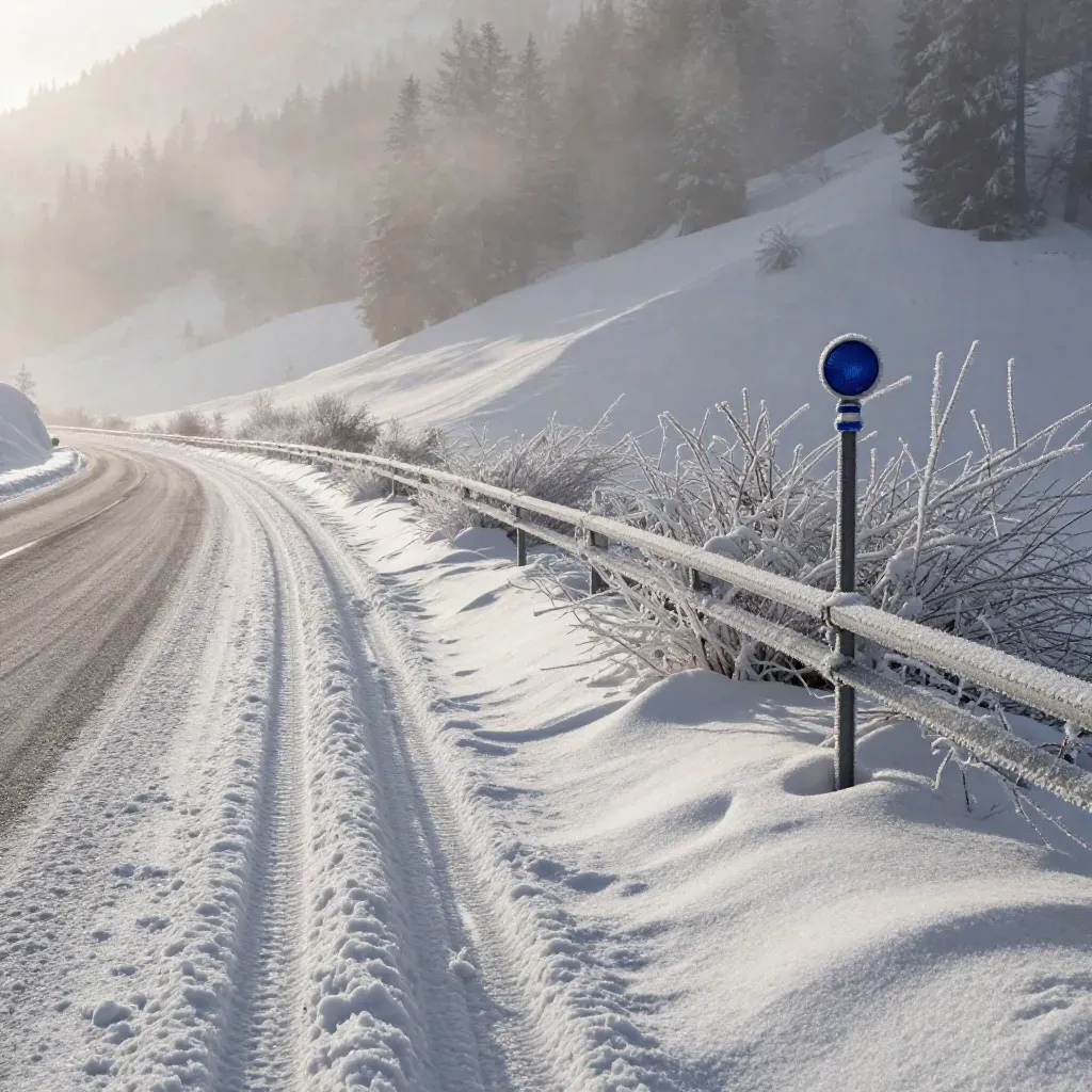 Schneeverwehter Alpenpass mit Leitplanke, Schneepflugspuren und vereistem Gestrüpp im Morgenlicht