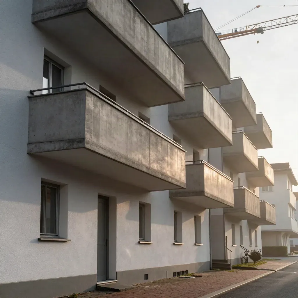 Nahaufnahme von Balkonen, Fassaden und Kränen im Morgenhaze einer bayerischen Wohnbaustelle