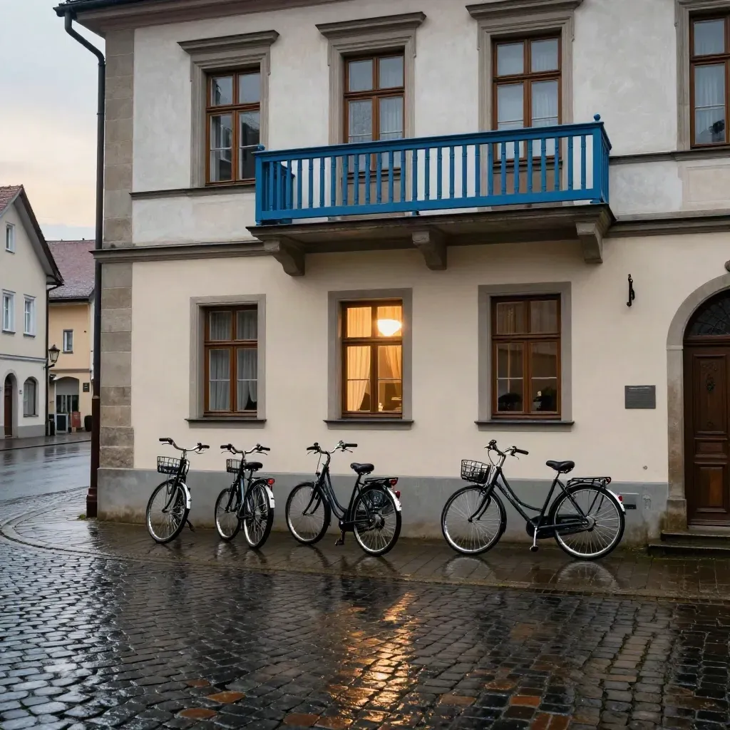 Leeres Rathaus mit Fahrrädern vor nassem Platz im Morgenlicht